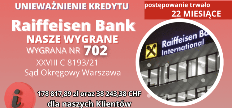 Raiffeisen Bank unieważnienie kredytu frankowego w Warszawie i 178 817,89 zł oraz 38 243,38 CHF dla naszych Klientów