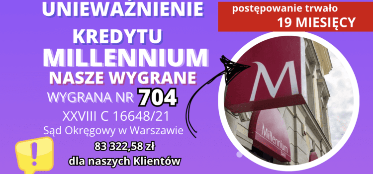 Millennium Bank unieważnienie kredytu frankowego w Warszawie i 83 322,58 zł dla naszych Klientów
