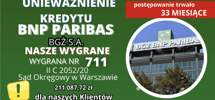 Bank Gospodarki Żywnościowej (BNP Paribas Bank) unieważnienie kredytu frankowego w Warszawie i 211 087,72 zł dla naszych Klientów