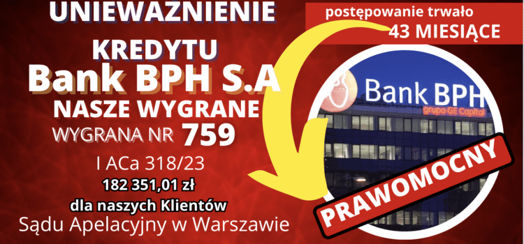 Prawomocne unieważnienie kredytu BPH SA i 182 351,01 zł dla naszych Klientów – wyrok Sąd Apelacyjny w Warszawie