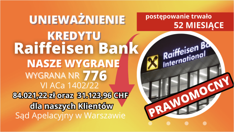 Prawomocne unieważnienie kredytu Raiffeisen Bank i 84.021,22 zł oraz  31.123,96 CHF dla naszych Klientów – wyrok Sądu Apelacyjnego w Warszawie