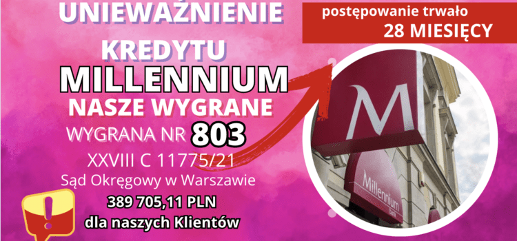 Sąd Okręgowy w Warszawie unieważnienie kredytu Millennium Bank z 2008 r. i 389 705,11 dla naszych Klientów