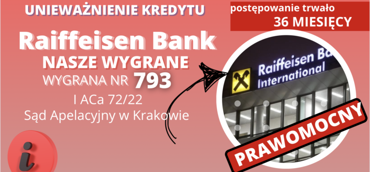 Sąd Apelacyjny w Krakowie sprawnie unieważnia kredyt we frankach Raiffeisen Bank naszych Klientów