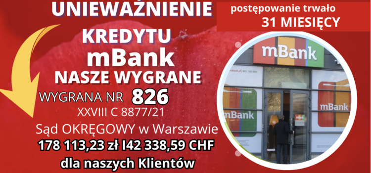mBank S.A. unieważnienie kredytu frankowego w Warszawie i zasądzenie 178 113,23 zł oraz kwoty 42 338,59 CHF dla naszej Klientki